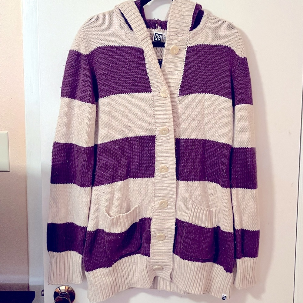 Roxy purple and cream striped cardigan button up sweater XL